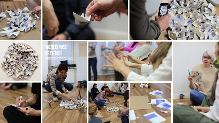 a photo collage of people playing with papaer ships
